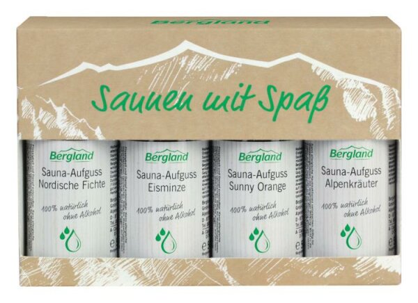 BERGLAND Saunen mit Spa&szlig; - Saunaaufguss Konzentrat Set 4 x 50ml (Eis-Minze / Alpenkr&auml;uter / Nordische Fichte / Sunny Orange)